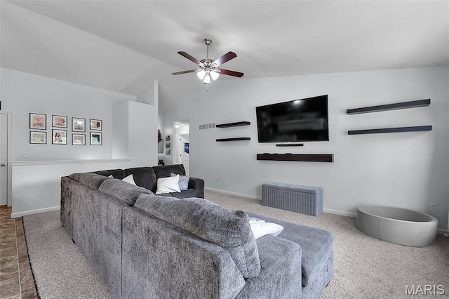111 Hammond Dr, Herculaneum, MO 63048 - living room featuring a ceiling fan, baseboards, and high vaulted ceiling