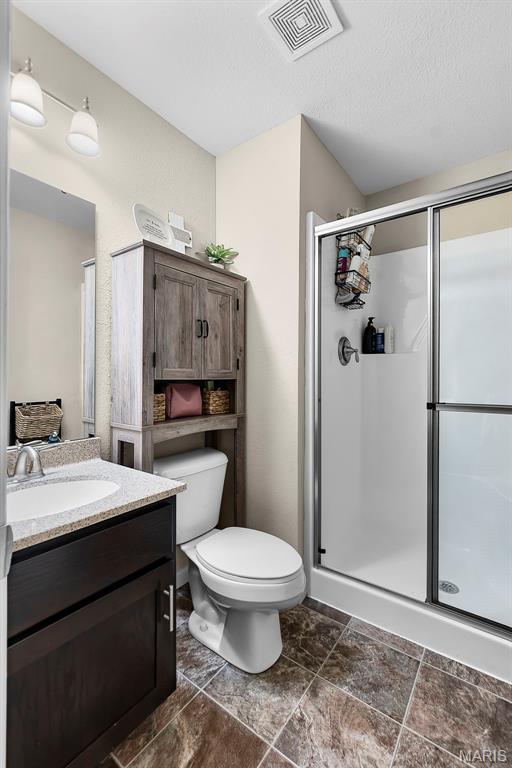 111 Hammond Dr, Herculaneum, MO 63048 - full bathroom with a stall shower, stone finish floors, vanity, and toilet