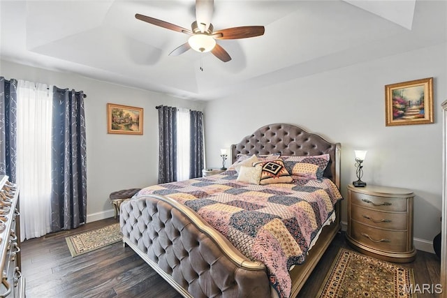 23 Austin Oaks Dr, Moscow Mills, MO 63362 - bedroom with a tray ceiling, dark wood-style floors, and a ceiling fan