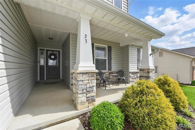 23 Austin Oaks Dr, Moscow Mills, MO 63362 - property entrance with stone siding and a porch
