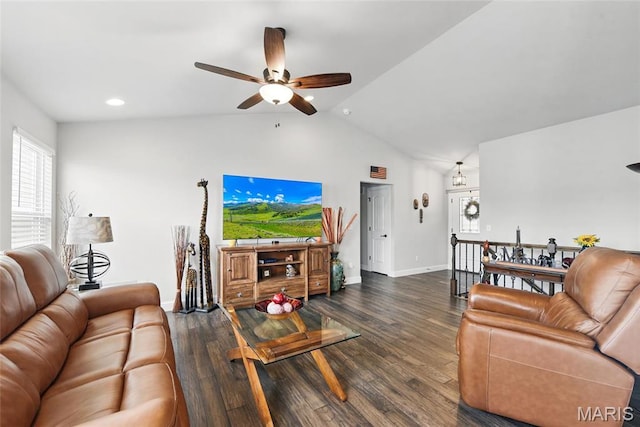 23 Austin Oaks Dr, Moscow Mills, MO 63362 - living room featuring a ceiling fan, lofted ceiling, dark wood-style floors, and recessed lighting