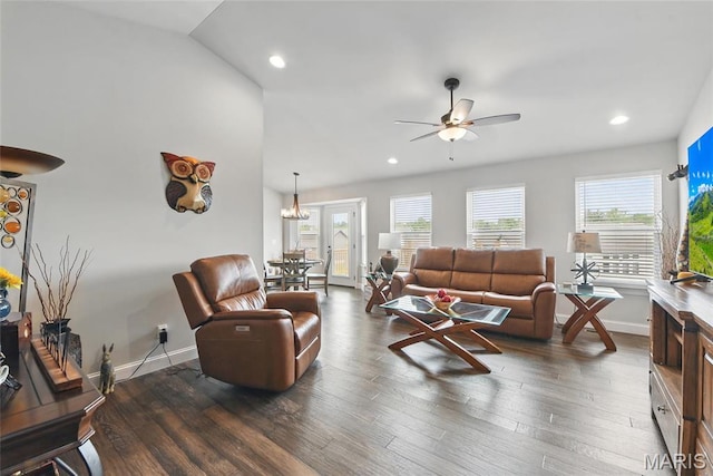 23 Austin Oaks Dr, Moscow Mills, MO 63362 - living room featuring ceiling fan, dark wood-style flooring, and recessed lighting