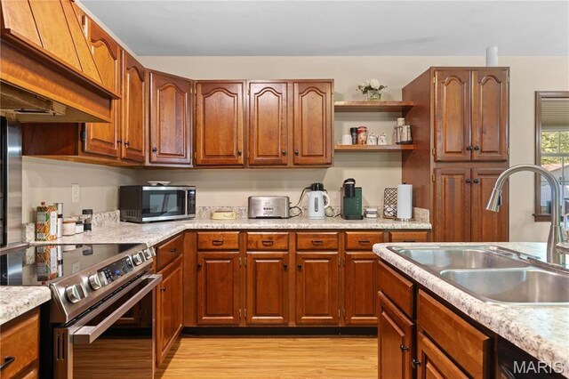 511 Ruddy Ct, Troy, IL 62294 - kitchen featuring stainless steel appliances, a sink, light countertops, light wood-type flooring, and brown cabinets
