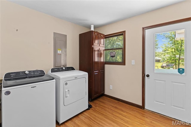511 Ruddy Ct, Troy, IL 62294 - clothes washing area with cabinet space, washing machine and dryer, electric panel, light wood-type flooring, and baseboards