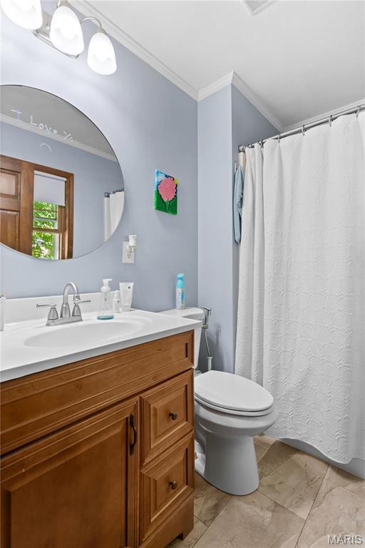 511 Ruddy Ct, Troy, IL 62294 - full bathroom with ornamental molding, toilet, marble look tile flooring, vanity, and a shower with shower curtain