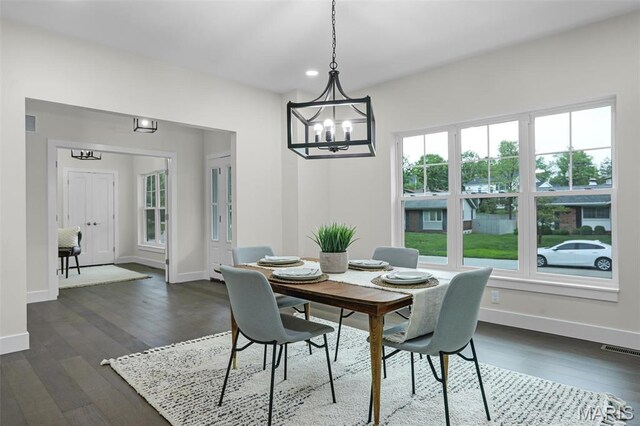 683 Bellerive Estates Dr, Saint Louis, MO 63141 - dining space with baseboards, a chandelier, dark wood-type flooring, and recessed lighting