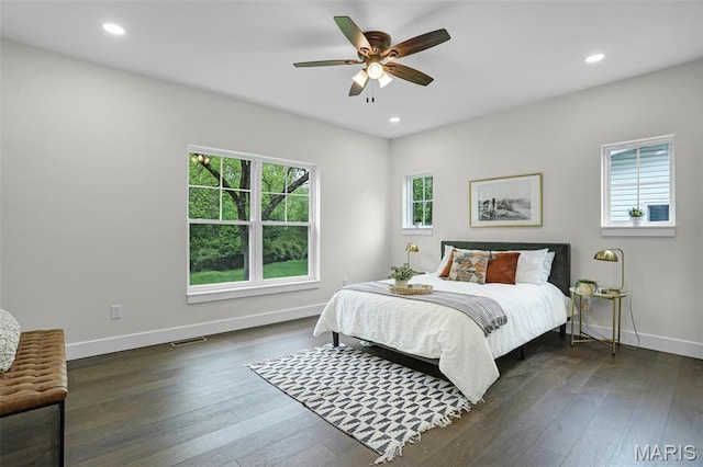 683 Bellerive Estates Dr, Saint Louis, MO 63141 - bedroom with baseboards, dark wood-type flooring, recessed lighting, and ceiling fan