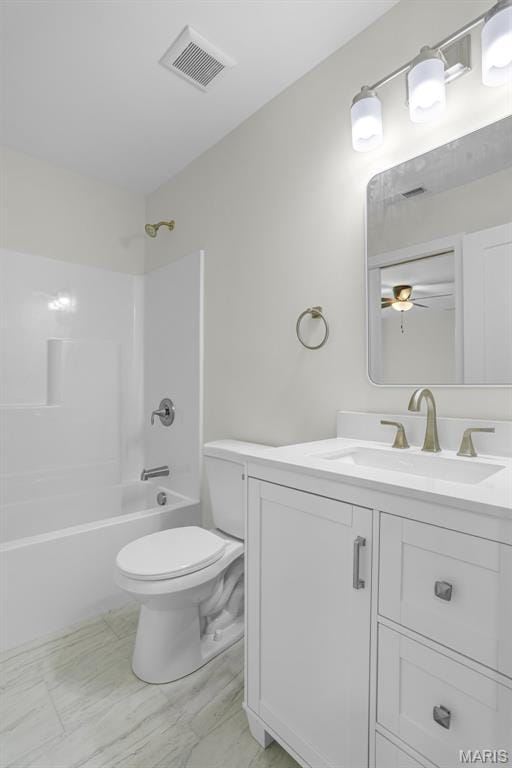 683 Bellerive Estates Dr, Saint Louis, MO 63141 - bathroom with toilet, vanity, shower / washtub combination, and a ceiling fan