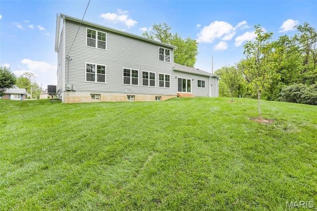 683 Bellerive Estates Dr, Saint Louis, MO 63141 - rear view of house with a yard, entry steps, and central AC unit
