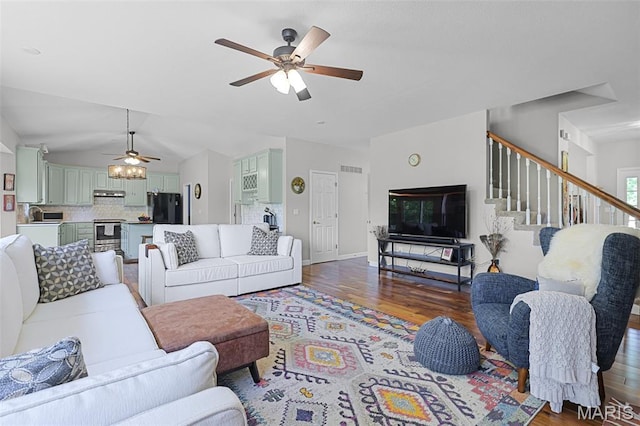 30 Shiloh Ct, Edwardsville, IL 62025 - living area with a ceiling fan, wood finished floors, stairway, lofted ceiling, and baseboards