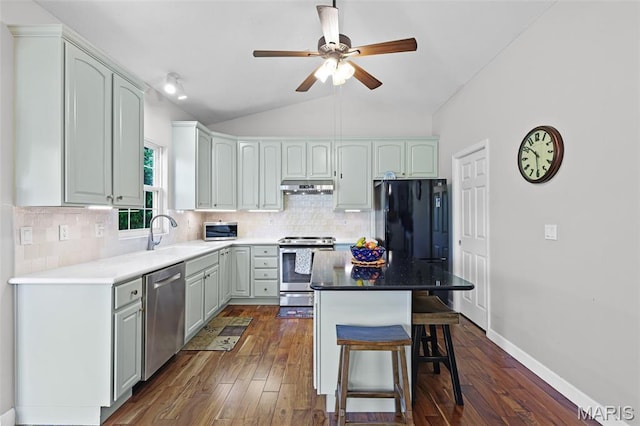 30 Shiloh Ct, Edwardsville, IL 62025 - kitchen featuring appliances with stainless steel finishes, under cabinet range hood, a sink, ceiling fan, and vaulted ceiling