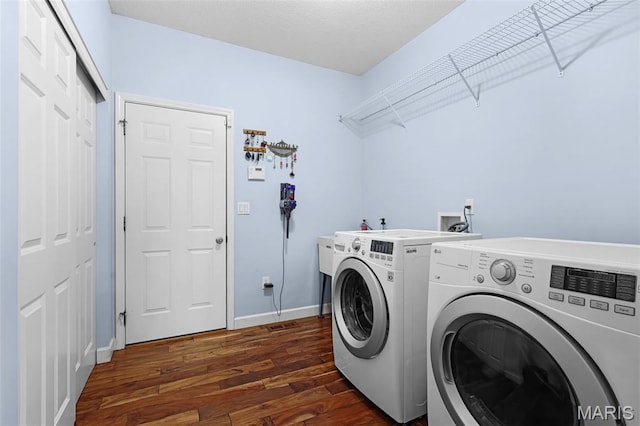 30 Shiloh Ct, Edwardsville, IL 62025 - laundry room with washing machine and dryer, dark wood-type flooring, and baseboards
