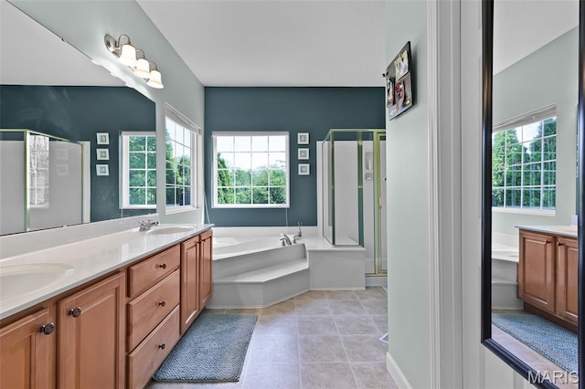 30 Shiloh Ct, Edwardsville, IL 62025 - full bathroom with a stall shower, double vanity, a bath, and tile patterned floors