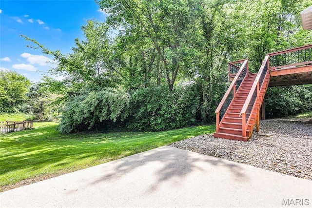 30 Shiloh Ct, Edwardsville, IL 62025 - view of grassy yard featuring stairs, a patio, and a wooden deck