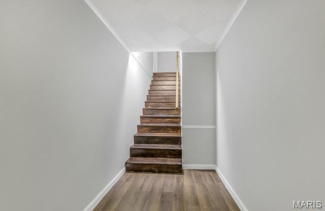 7114 Clayton Rd, Saint Louis, MO 63117 - stairs featuring wood finished floors, crown molding, and baseboards