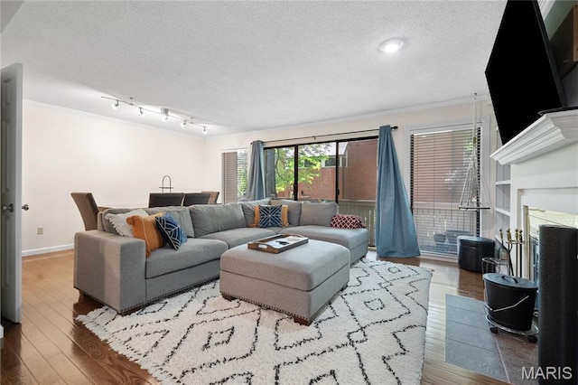 5567 Waterman Blvd Unit D, Saint Louis, MO 63112 - living area featuring a textured ceiling, wood finished floors, ornamental molding, and baseboards