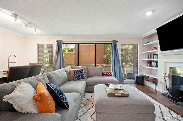 5567 Waterman Blvd Unit D, Saint Louis, MO 63112 - living area featuring crown molding, a textured ceiling, plenty of natural light, built in features, and wood finished floors