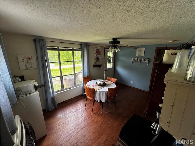 895 Parkway Dr, Bismarck, MO 63624 - dining space featuring a textured ceiling, wood finished floors, and a ceiling fan