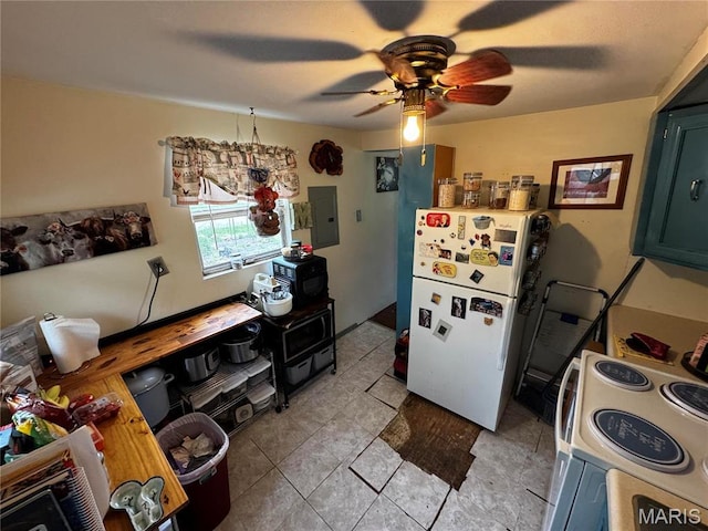 895 Parkway Dr, Bismarck, MO 63624 - kitchen featuring white appliances, electric panel, ceiling fan, and light tile patterned flooring