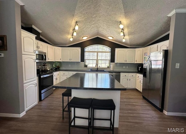 4311 Lakeview Dr, Hillsboro, MO 63050 - kitchen featuring appliances with stainless steel finishes, vaulted ceiling, a sink, a breakfast bar, and dark countertops