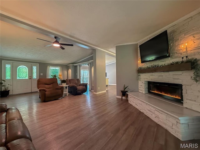 4311 Lakeview Dr, Hillsboro, MO 63050 - living room featuring a stone fireplace, wood finished floors, crown molding, a ceiling fan, and baseboards