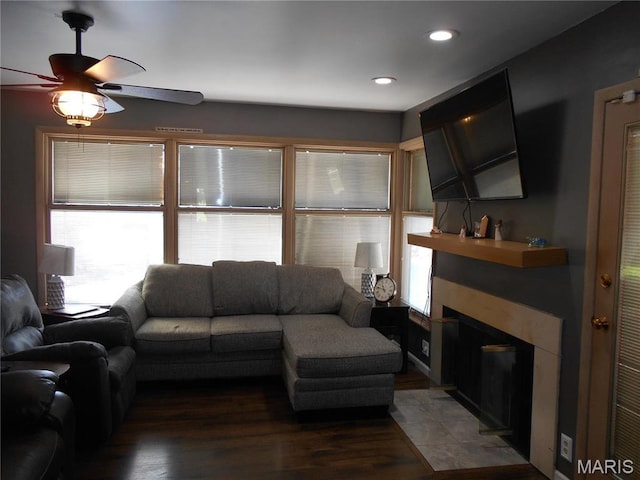 2408 Morrison Rd, Granite City, IL 62040 - living area featuring ceiling fan, a fireplace, wood finished floors, and recessed lighting