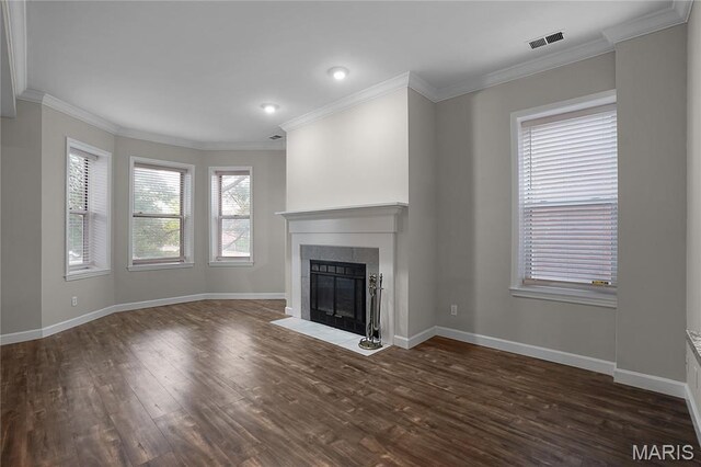 4250 Lindell Blvd Unit A, Saint Louis, MO 63108 - unfurnished living room with dark wood-style flooring, a fireplace with flush hearth, baseboards, and crown molding