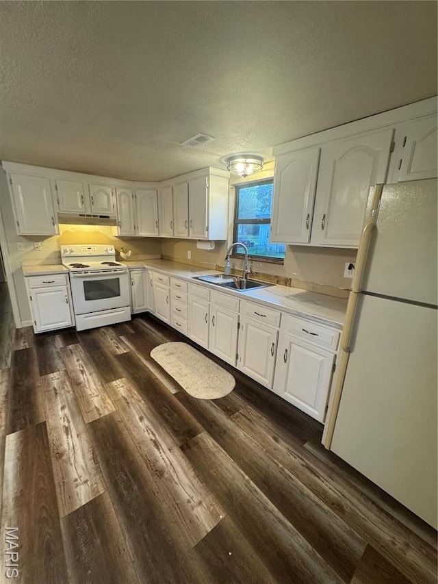 309 S A St, Farmington, MO 63640 - kitchen with white appliances, a sink, under cabinet range hood, white cabinetry, and dark wood finished floors