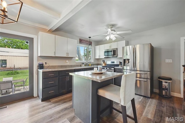 kitchen with stainless steel appliances, white cabinetry, a sink, a kitchen breakfast bar, and dark wood-style flooring