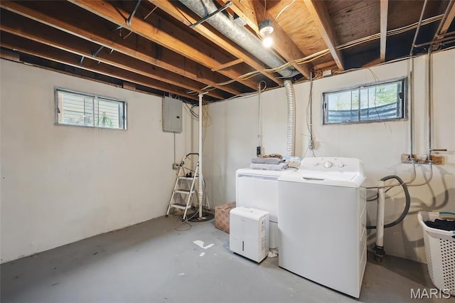 washroom featuring washer and clothes dryer, healthy amount of natural light, and electric panel