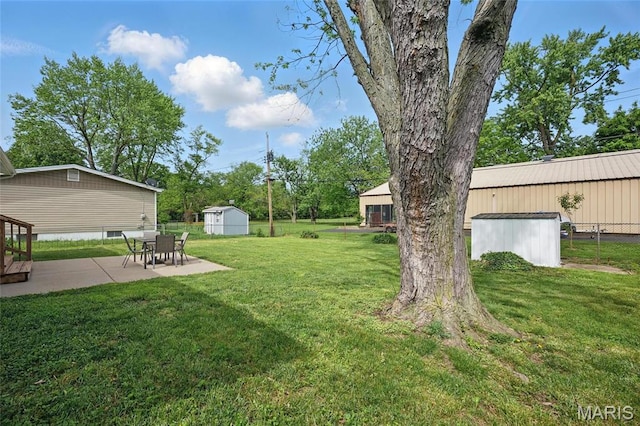 view of yard with an outbuilding, a patio area, and a storage unit