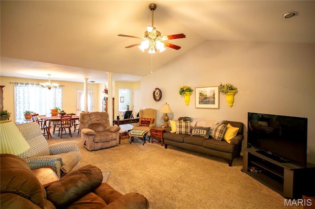 1014 Pine St, Sikeston, MO 63801 - carpeted living room featuring a ceiling fan, ornate columns, a chandelier, and high vaulted ceiling