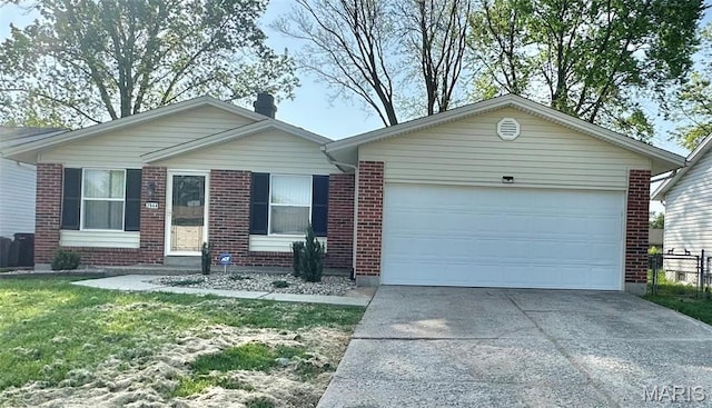 2944 Advance Dr, Florissant, MO 63031 - ranch-style home with brick siding, concrete driveway, a chimney, an attached garage, and a front lawn