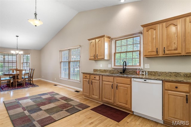 511 Log Cabin Rd, Farmington, MO 63640 - kitchen featuring white dishwasher, a sink, light wood finished floors, a chandelier, and decorative light fixtures