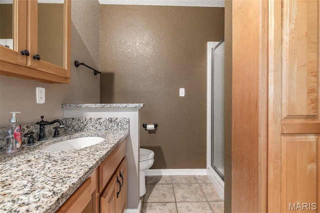 511 Log Cabin Rd, Farmington, MO 63640 - bathroom with a shower stall, baseboards, toilet, vanity, and stone finish flooring