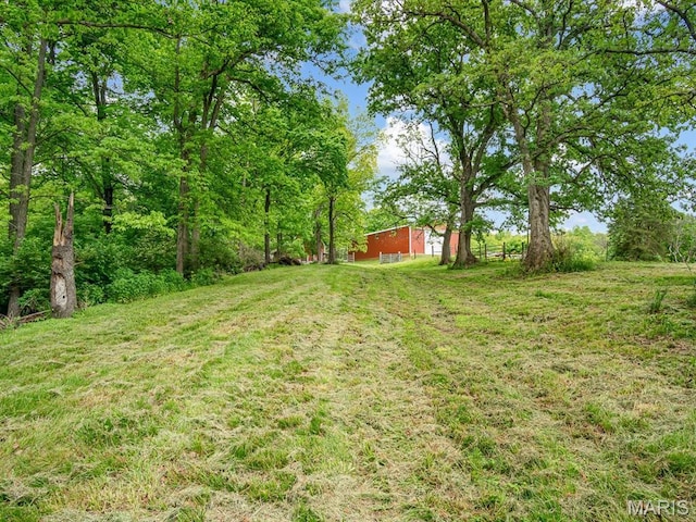 view of grassy yard featuring an outbuilding and a pole building