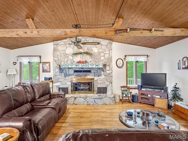 living room featuring hardwood / wood-style flooring, wood ceiling, healthy amount of natural light, and ceiling fan