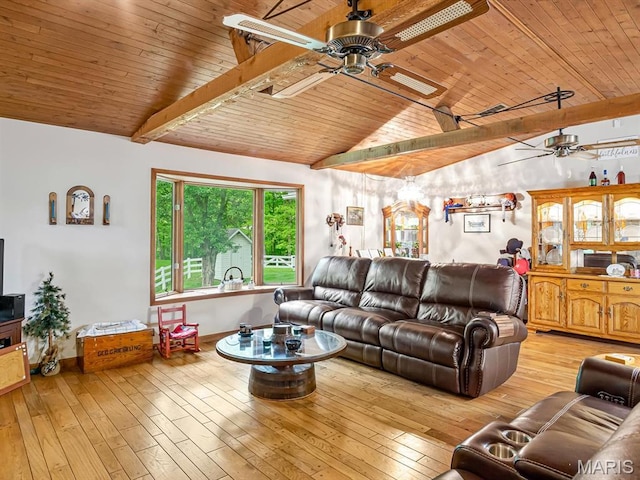 living area with ceiling fan, wood ceiling, hardwood / wood-style floors, and baseboards