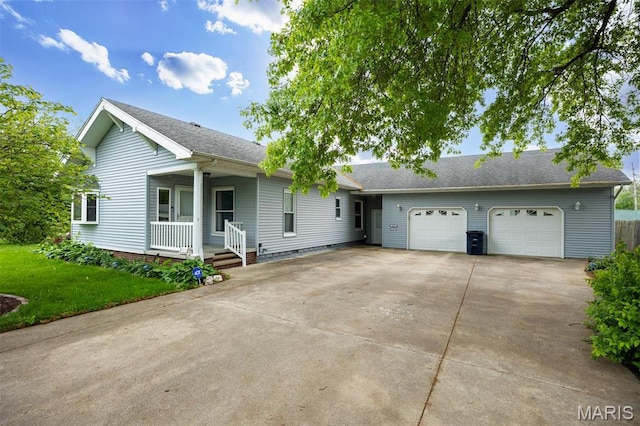 418 E Maple St, Gillespie, IL 62033 - ranch-style house featuring concrete driveway, covered porch, an attached garage, a front lawn, and roof with shingles