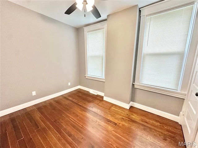 2806 Keokuk St, Saint Louis, MO 63118 - empty room with ceiling fan, baseboards, and dark wood-style flooring
