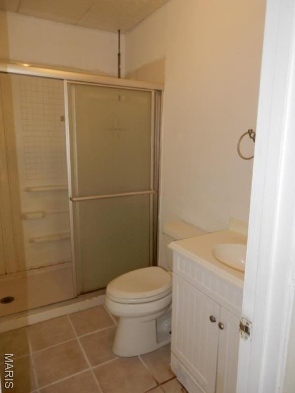 201 Quapaw, Steele, MO 63877 - bathroom with a stall shower, toilet, vanity, and tile patterned flooring