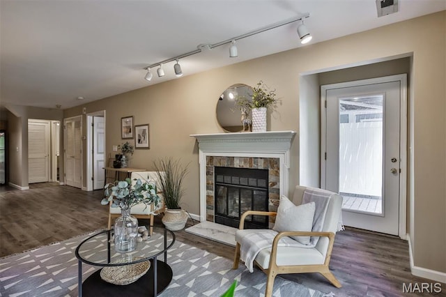 living area with wood finished floors, a glass covered fireplace, baseboards, and track lighting