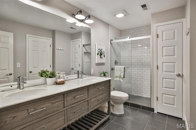 full bathroom with tile patterned floors, a shower stall, toilet, and double vanity