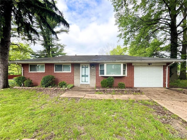 1237 Coal Bank Ct, Saint Louis, MO 63138 - single story home featuring a garage, brick siding, driveway, and a front lawn