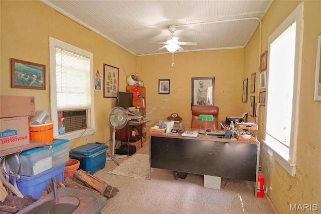office space with carpet, a ceiling fan, ornamental molding, and cooling unit