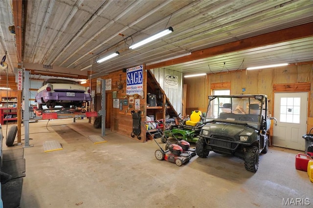 garage with a workshop area