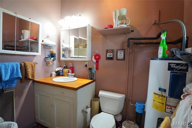 bathroom with water heater, toilet, and vanity