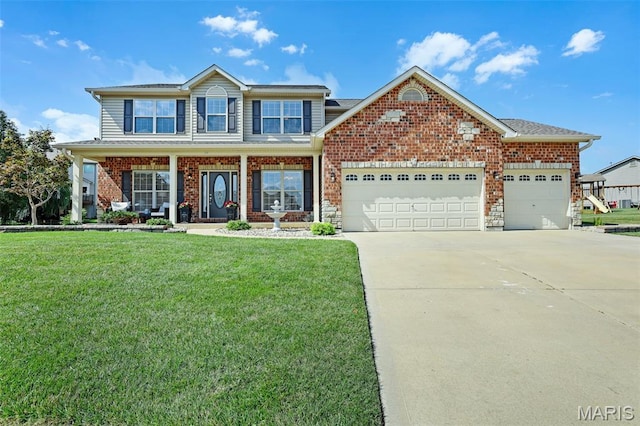 view of front facade featuring a front lawn, a garage, concrete driveway, and brick siding