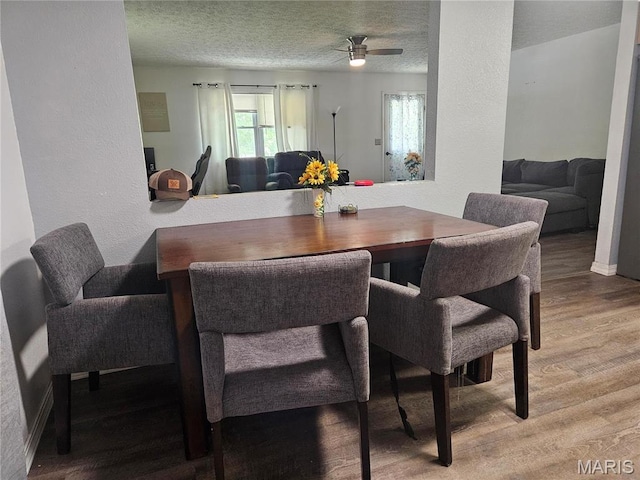 24355 Trolley Ln, Saint Robert, MO 65584 - dining room with wood finished floors, ceiling fan, a textured ceiling, and baseboards
