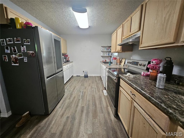 24355 Trolley Ln, Saint Robert, MO 65584 - kitchen with appliances with stainless steel finishes, under cabinet range hood, wood finished floors, a textured ceiling, and open shelves